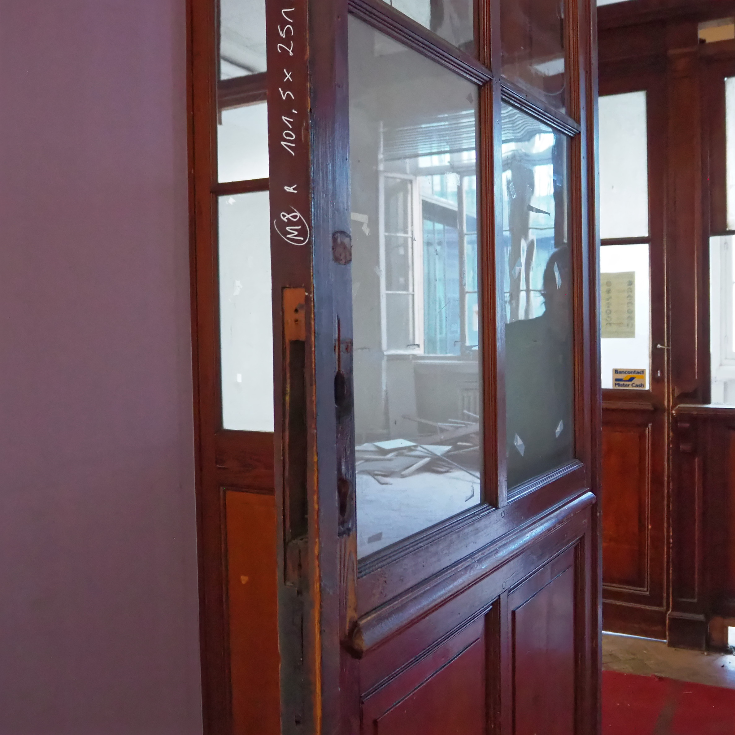 Solid wooden door with textured glass panels from Ixelles City Hall (H. x W. cm) -