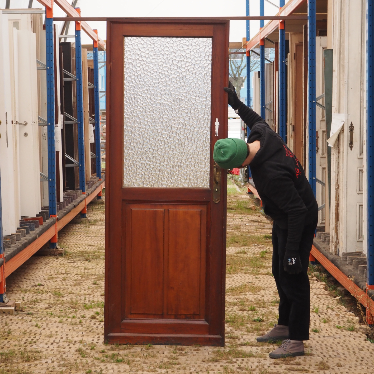 Door in varnished solid wood with hammered glass panels (H. 219 x W. 83 cm) - Left