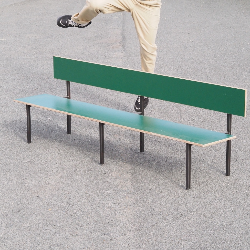 Stackable bench with backrest in plywood and steel