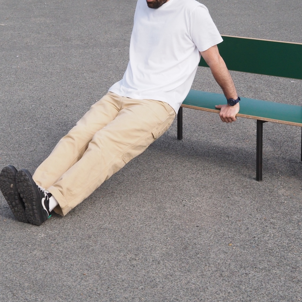 Stackable bench with backrest in plywood and steel