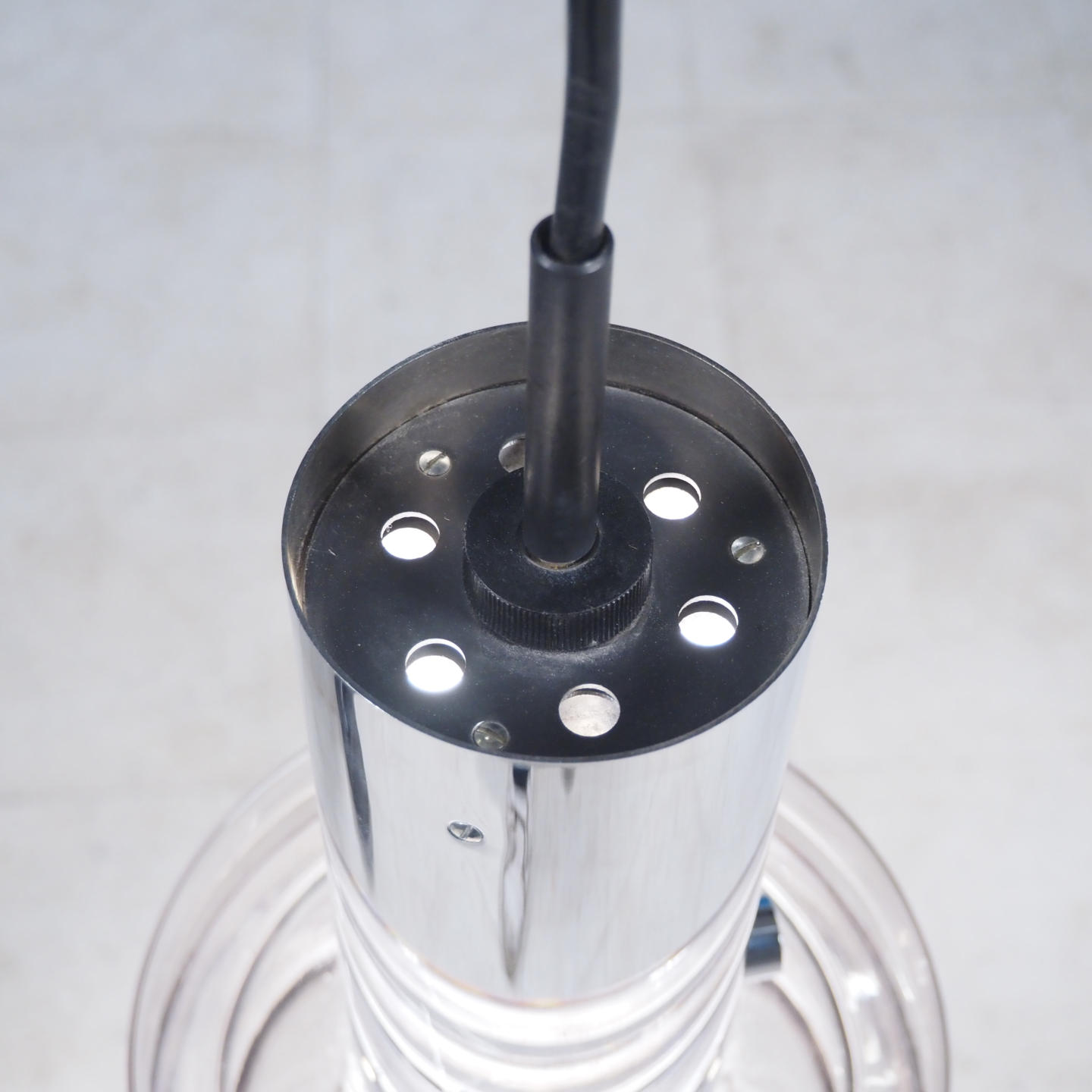 Hanging light in chromed steel and glass by Glashütte Limburg (ca. 1970)