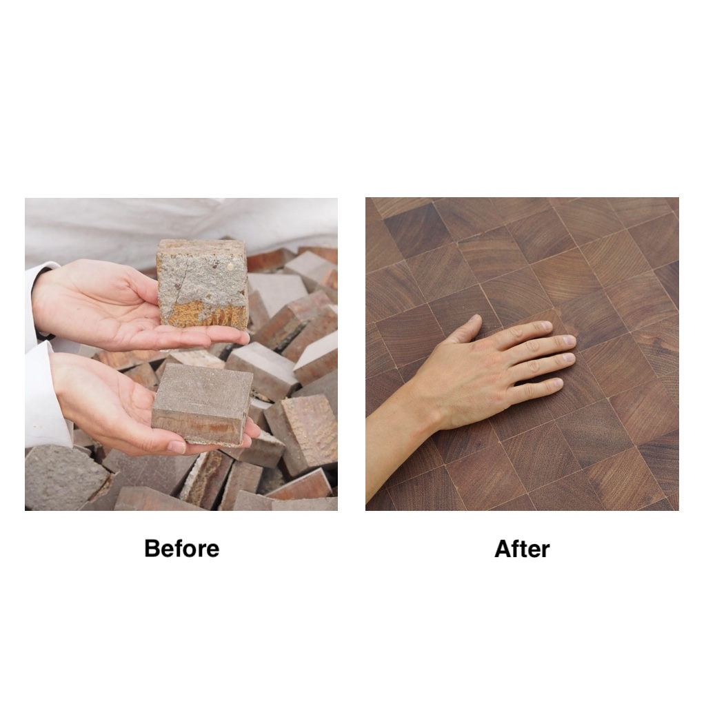 End grain parquet in afzelia wood from the former printing house of the Belgian National Bank  (7 x 7 cm) - Cleaned from mortar