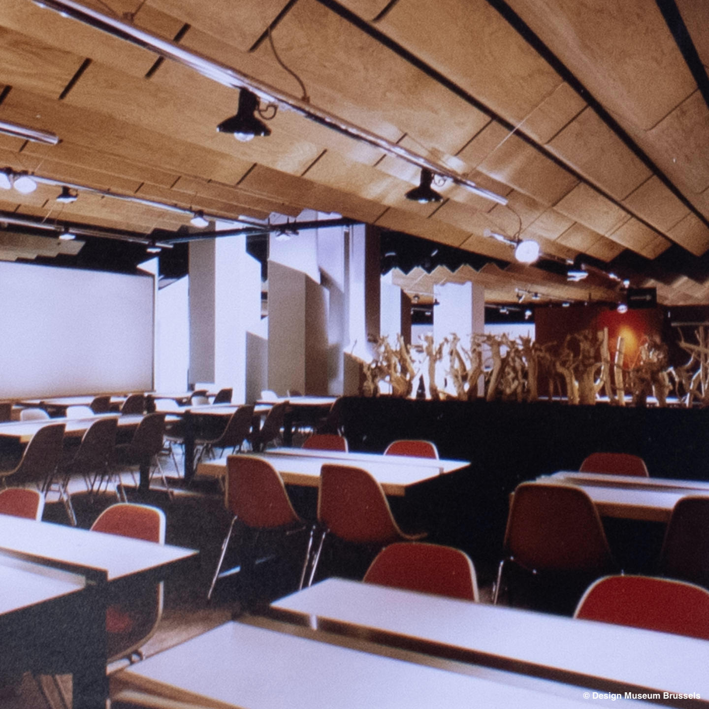 Ceiling module in varnished oak plywood by Christophe Gevers from the Générale de Banque (L. 197 cm)