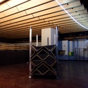 Ceiling module in varnished oak plywood by Christophe Gevers from the Générale de Banque (L. 197 cm)