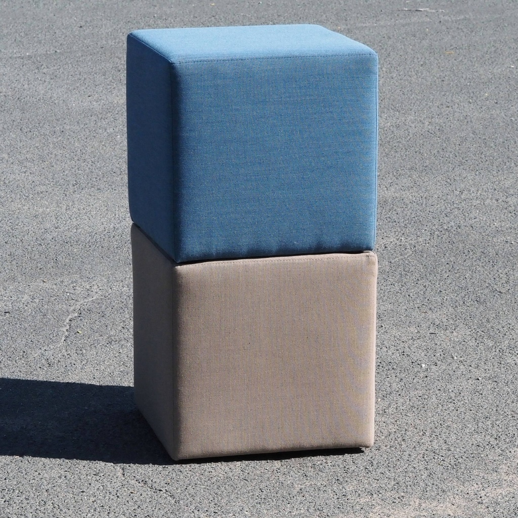 Square ottoman upholstered in grey or blue fabric
