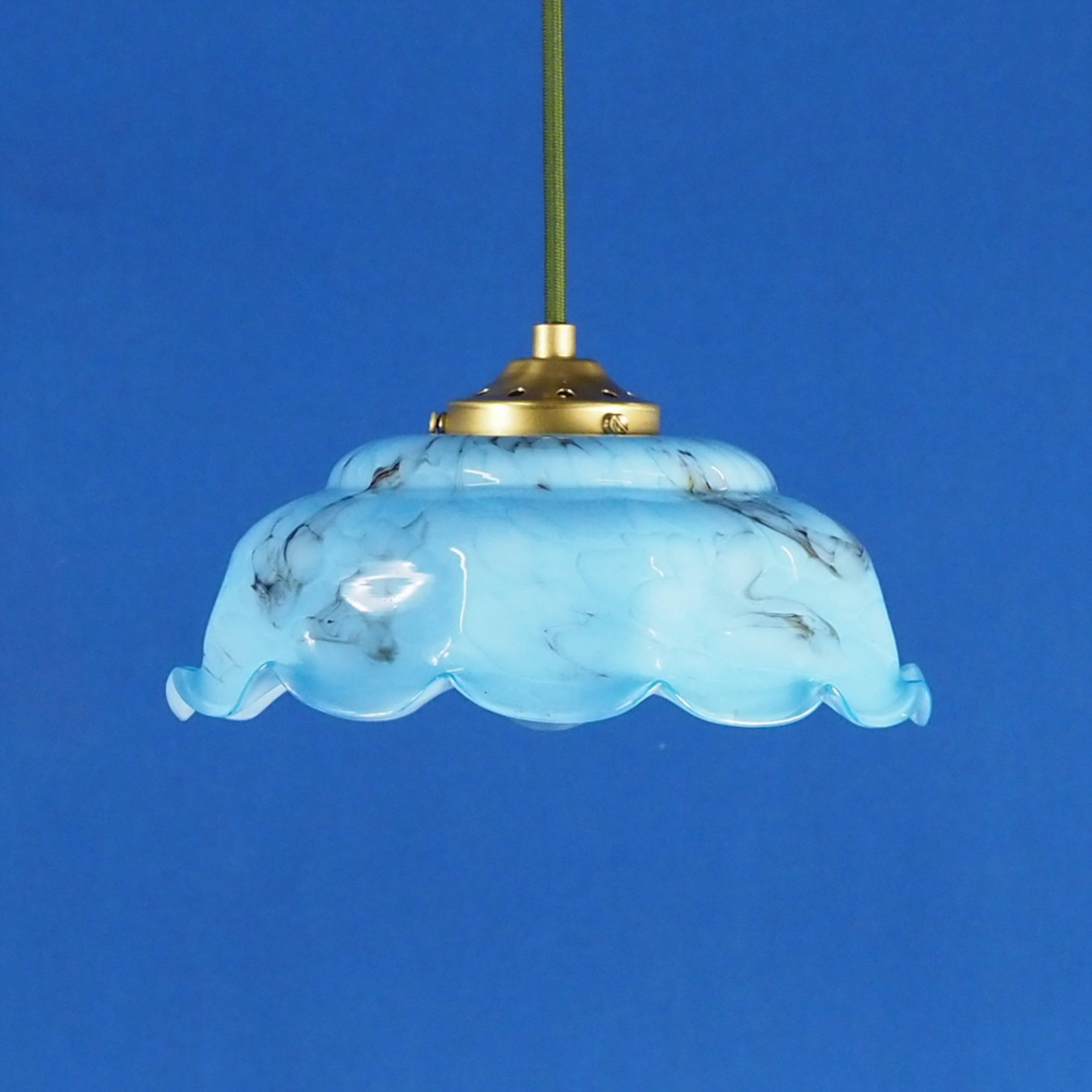 Hanging light with blue glass diffuser