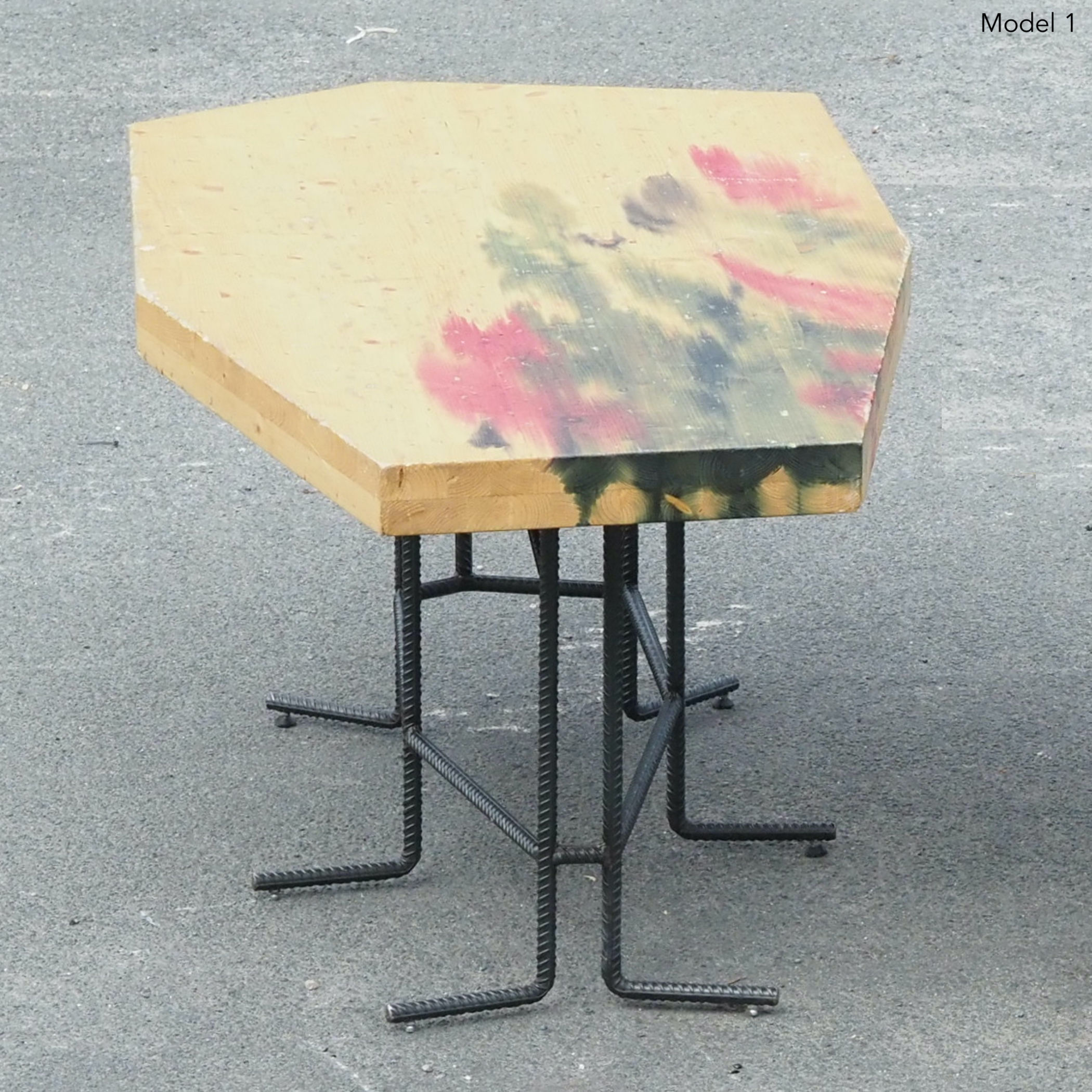 Heptagonal dining table in beech plywood and wrought iron by Lionel Jadot (various shapes)