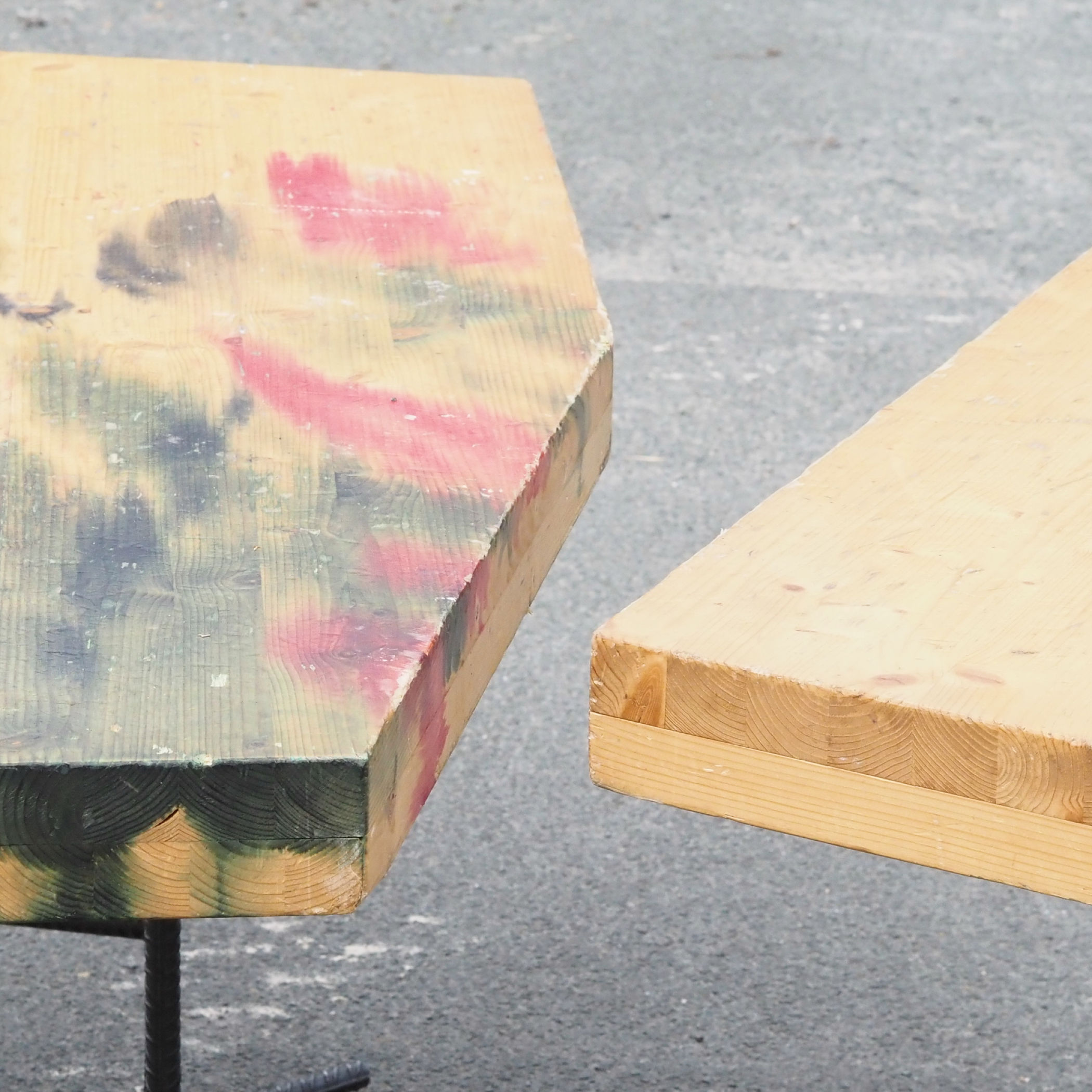 Heptagonal dining table in beech plywood and wrought iron by Lionel Jadot (various shapes)