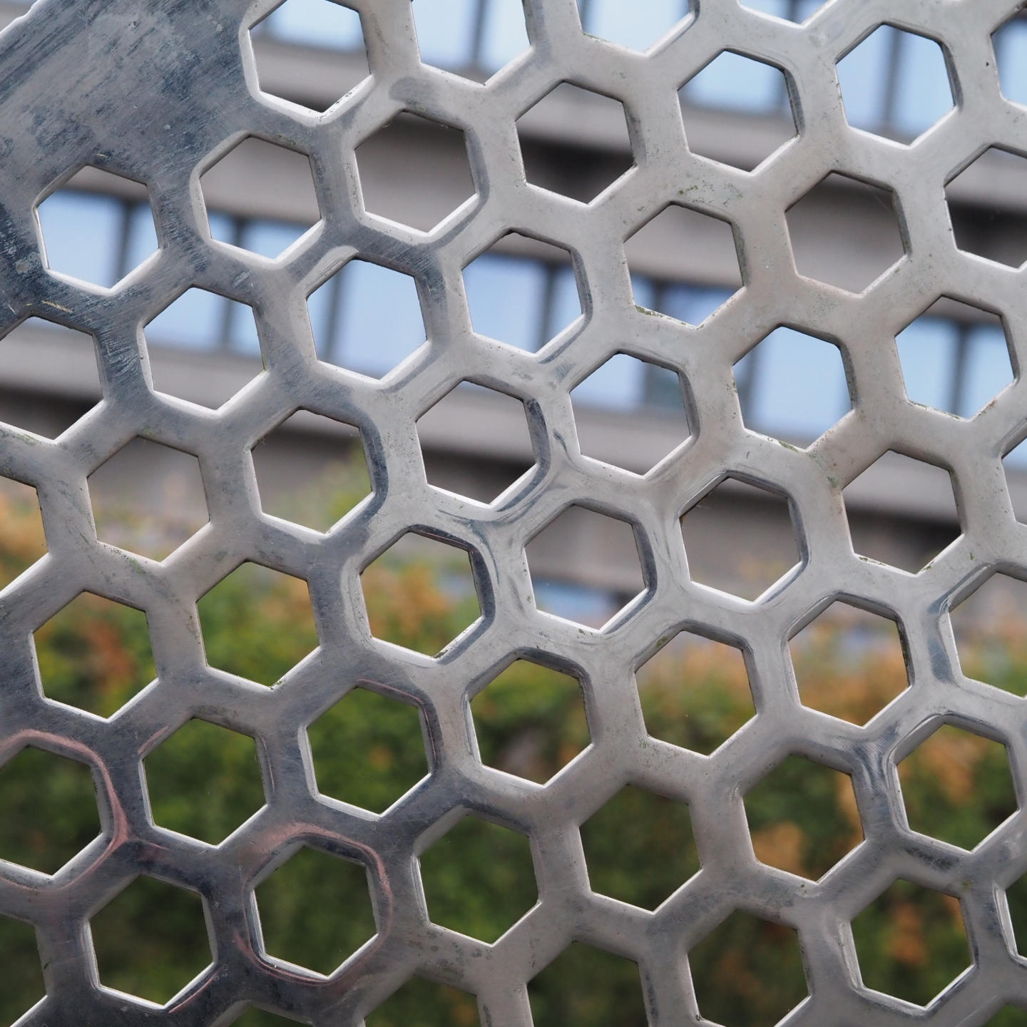 Radiator cover in perforated steel by Jules Wabbes from the Générale de Banque (110 x 51 cm)