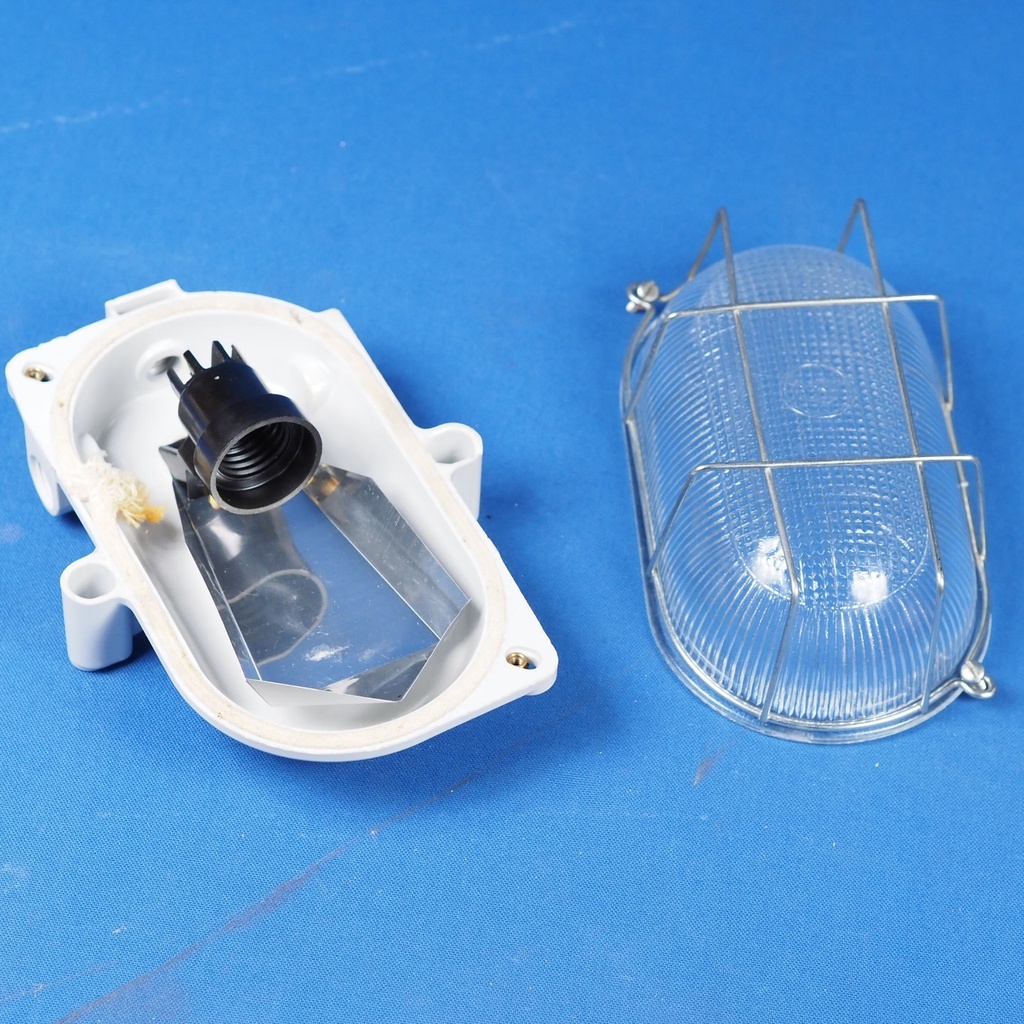 Caged wall/ceiling light with bakelite base and textured glass diffuser by L'ébènoïd - Steel cage