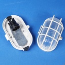 Caged wall/ceiling light with bakelite base and textured glass diffuser by Hublot