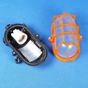 Caged wall/ceiling light with bakelite base and textured glass diffuser - Orange cage