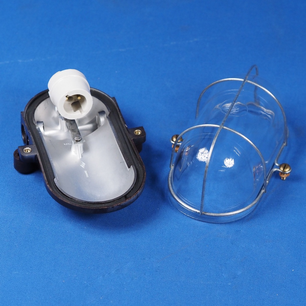 Caged wall/ceiling light with bakelite base, steel cage and clear glass diffuser