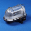 Caged wall/ceiling light with bakelite base, steel cage and textured glass diffuser