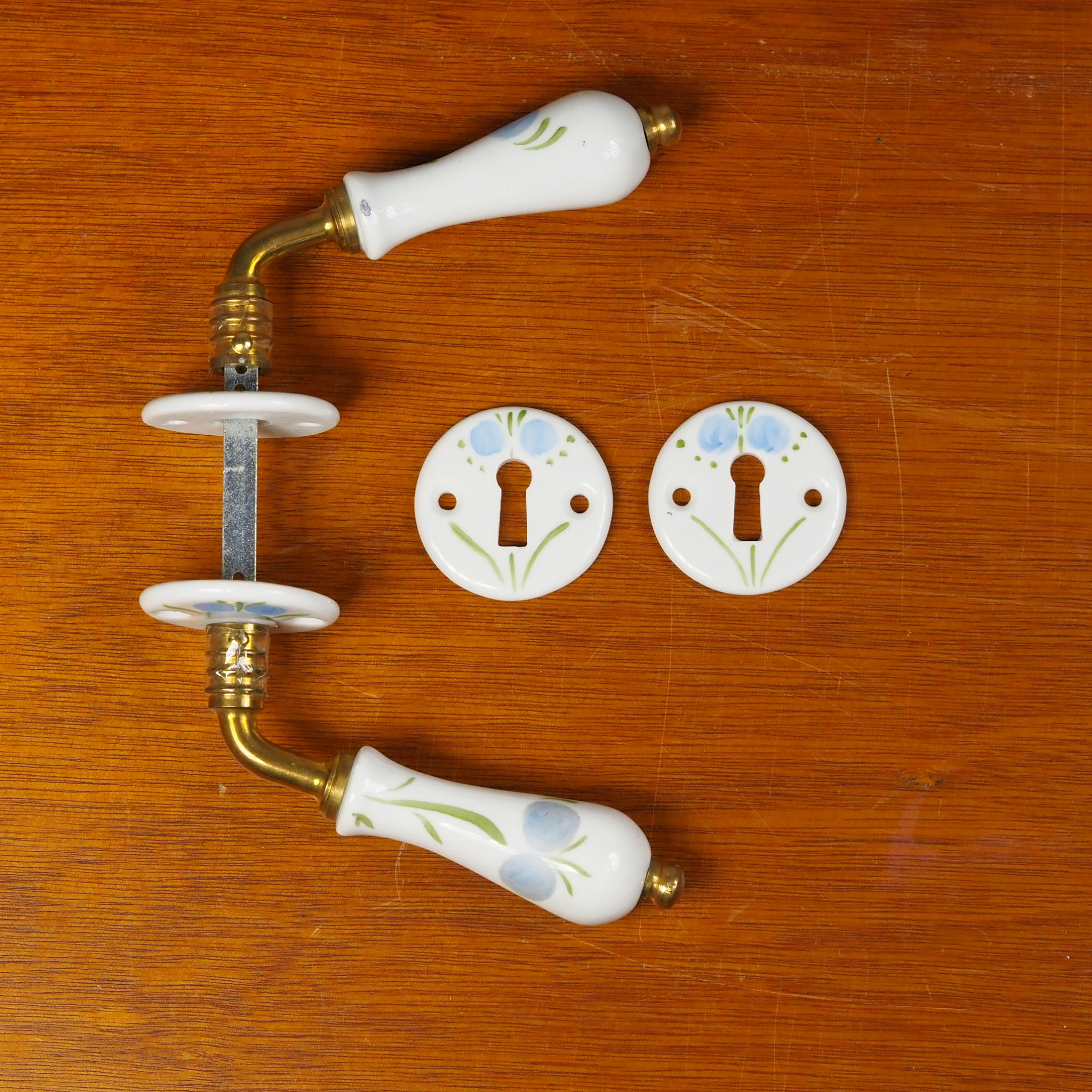 Door handle in brass and porcelain with key rosettes by Linea Bertomani - Blueberry