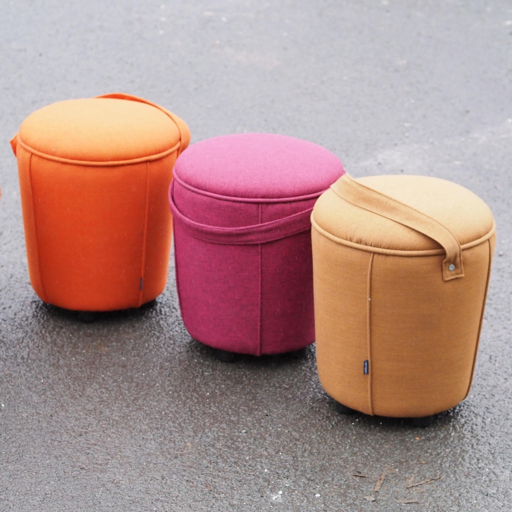 Round ottoman with belt by Satelliet (various colors/finishes)