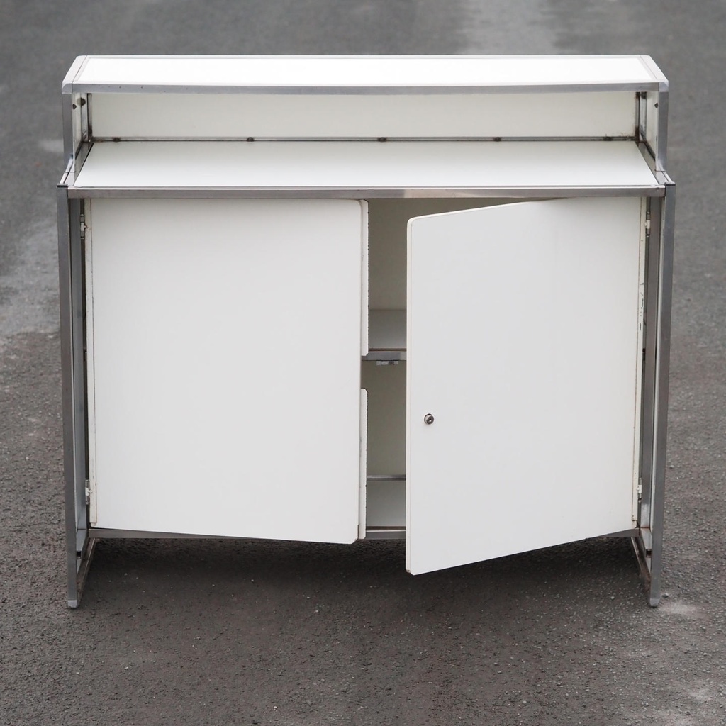 Reception desk with stainless steel frame and white laminate panels