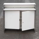 Reception desk with stainless steel frame and white laminate panels