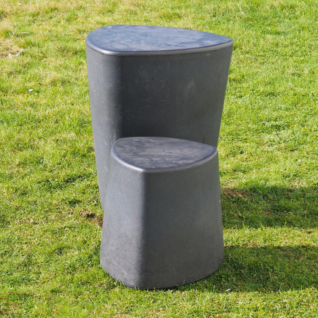 Round ottoman upholstered in various colorful fabric