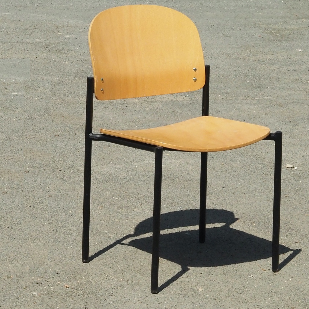 Stackable chair in varnished beech plywood and powder coated steel