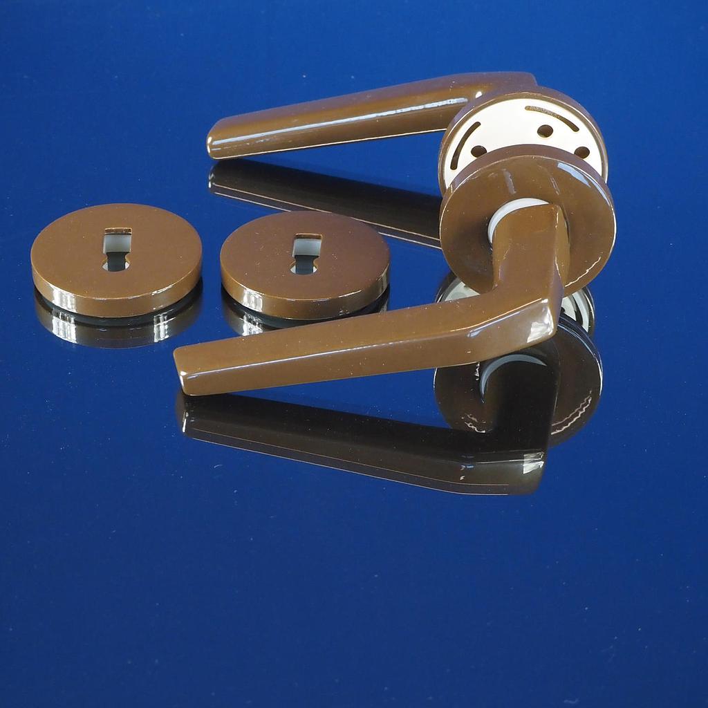 Door handle in brown powder coated steel with key rosettes