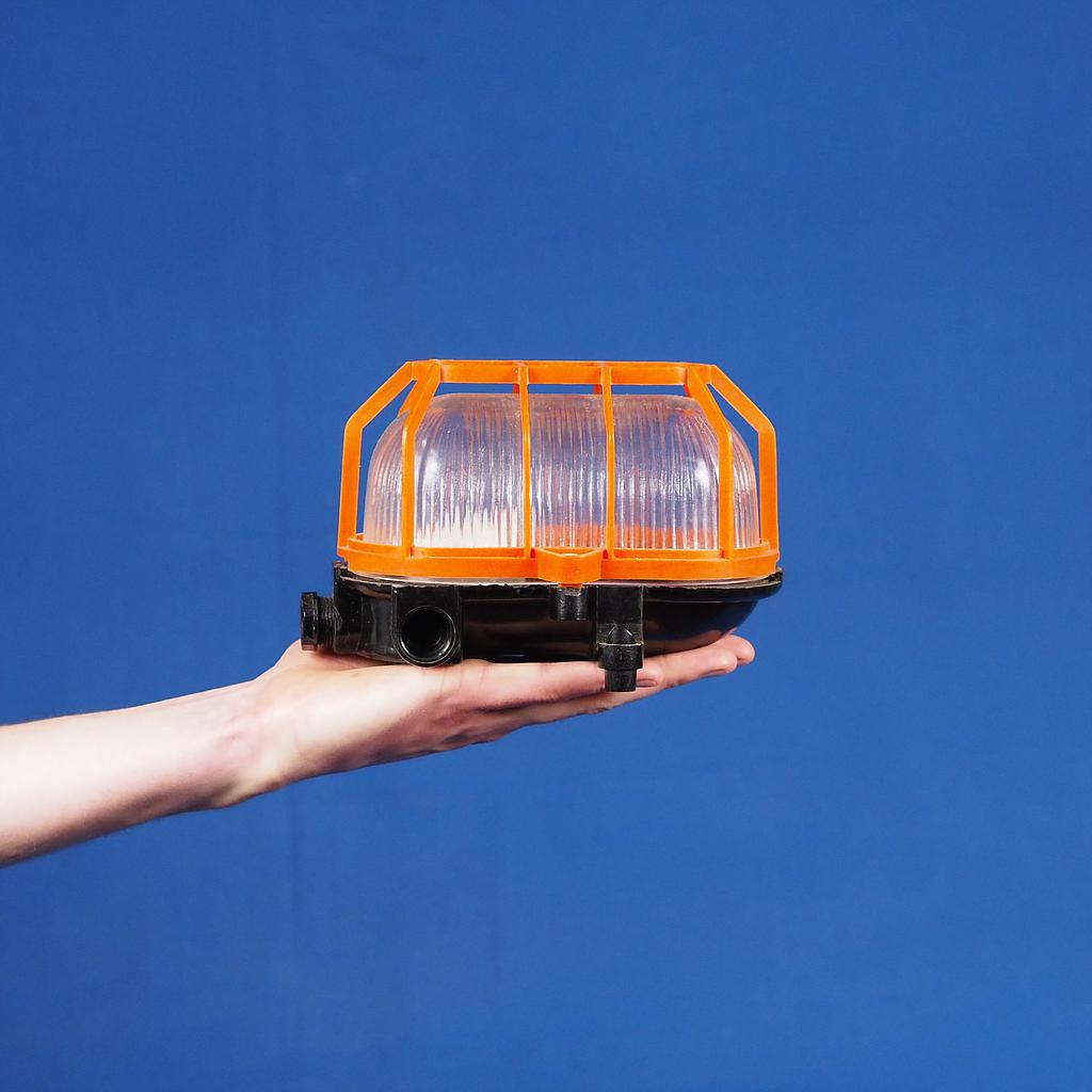 Caged wall/ceiling light with bakelite base and textured glass diffuser - Orange cage (E27)