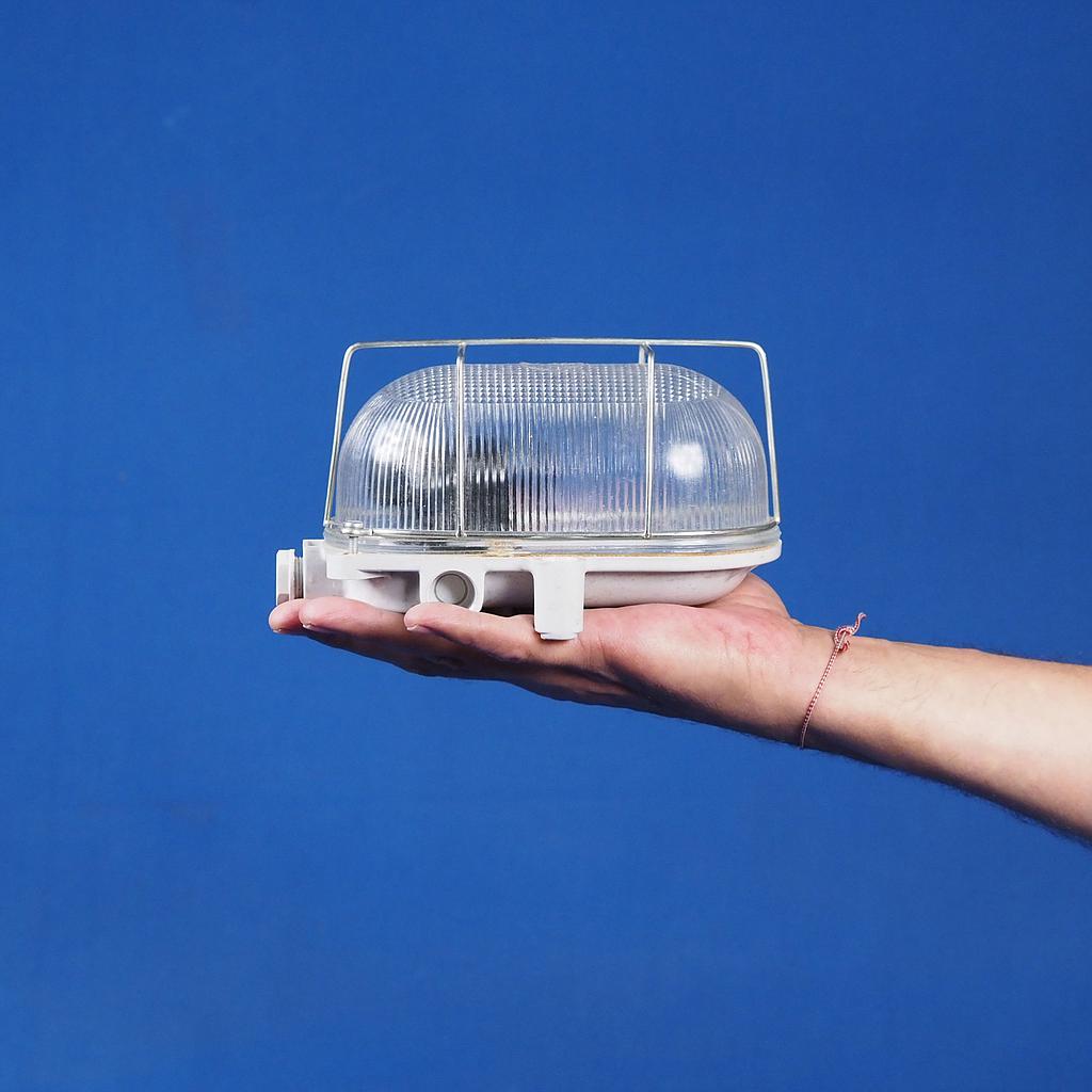 Caged wall/ceiling light with bakelite base, steel cage and textured glass diffuser by L'ébènoïd (E27)