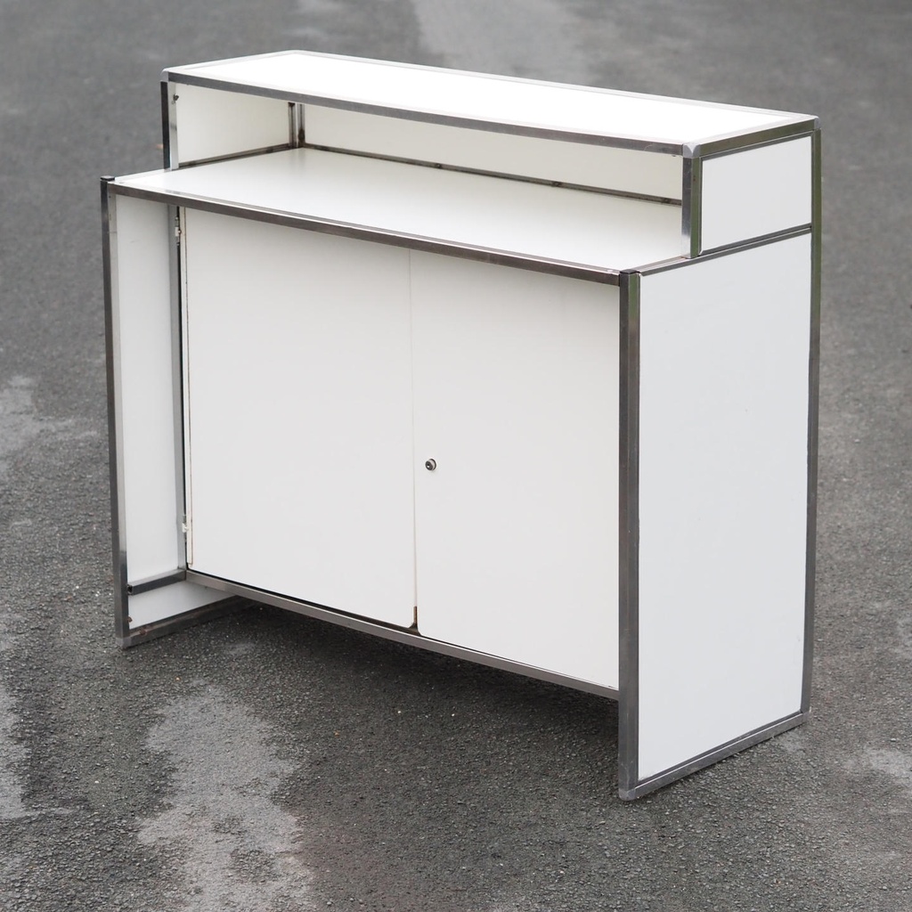 Reception desk with chromed steel frame and white laminate panels