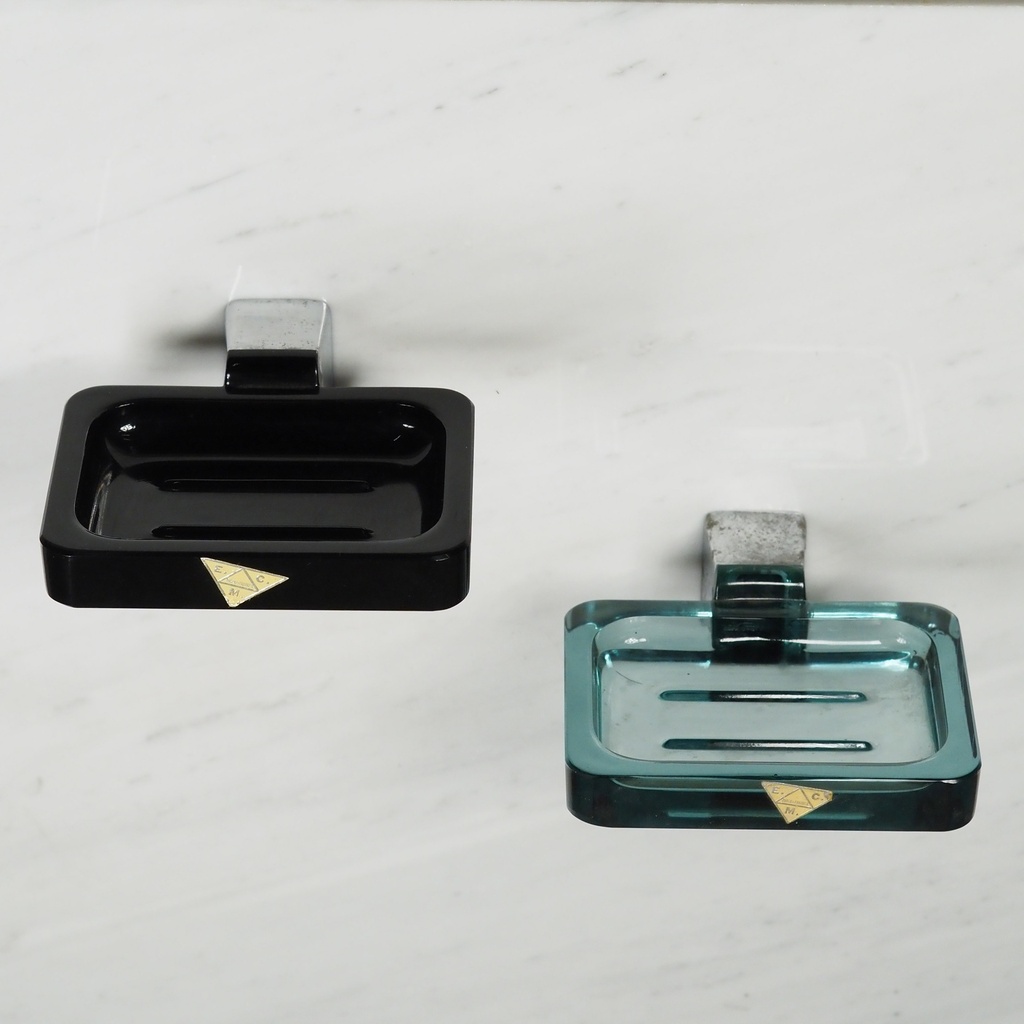 Wall soap holder in smoked pressed glass by Studio Caprotti