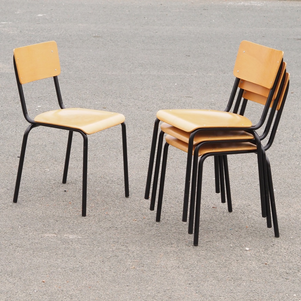 Stackable school chair in beech plywood and black lacquered steel