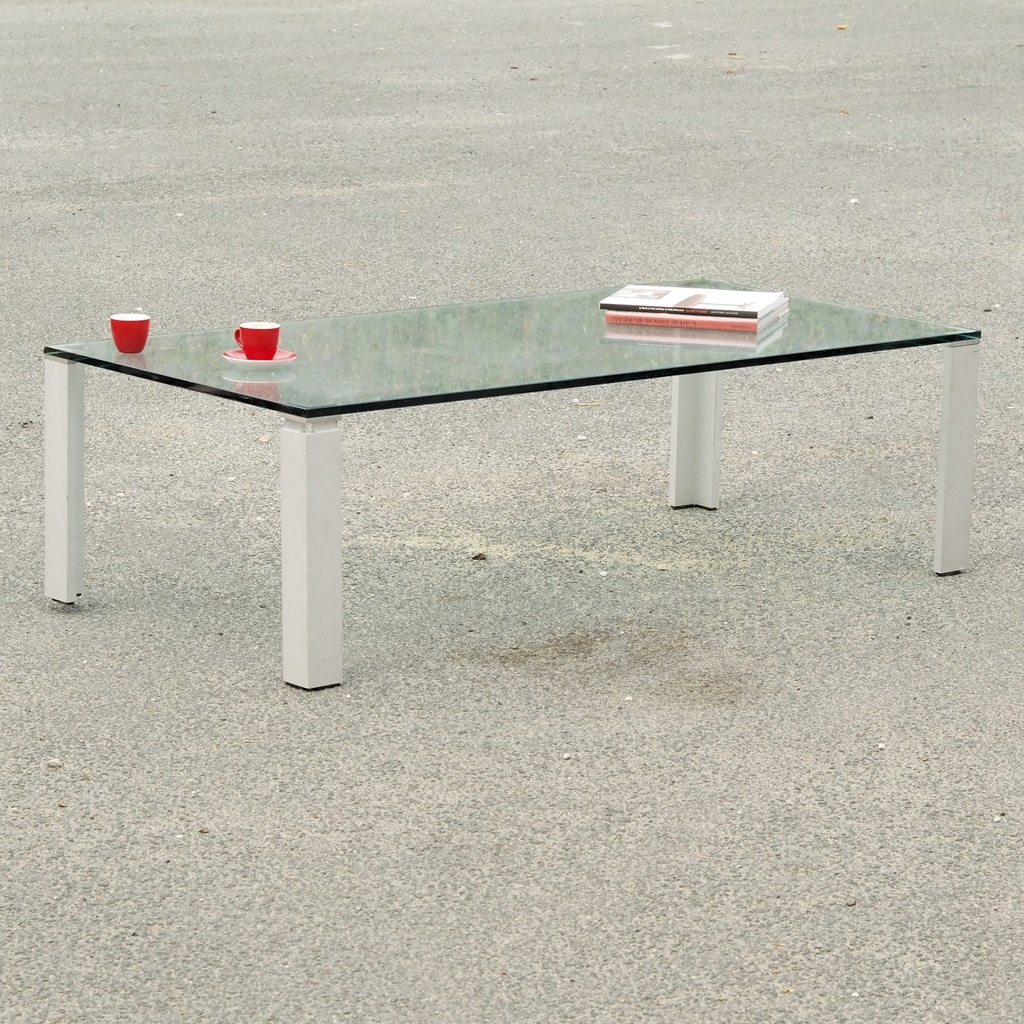 Coffee table in brushed aluminium with clear glass tabletop (140 x 70 cm)