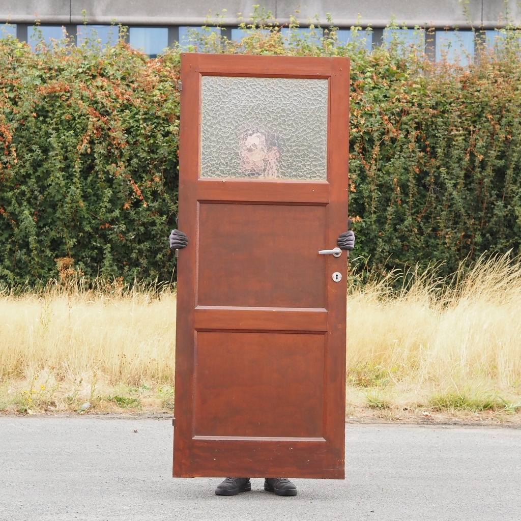Door in varnished pitch pine with flemish glass panel (H. 204 x W. 82 cm)