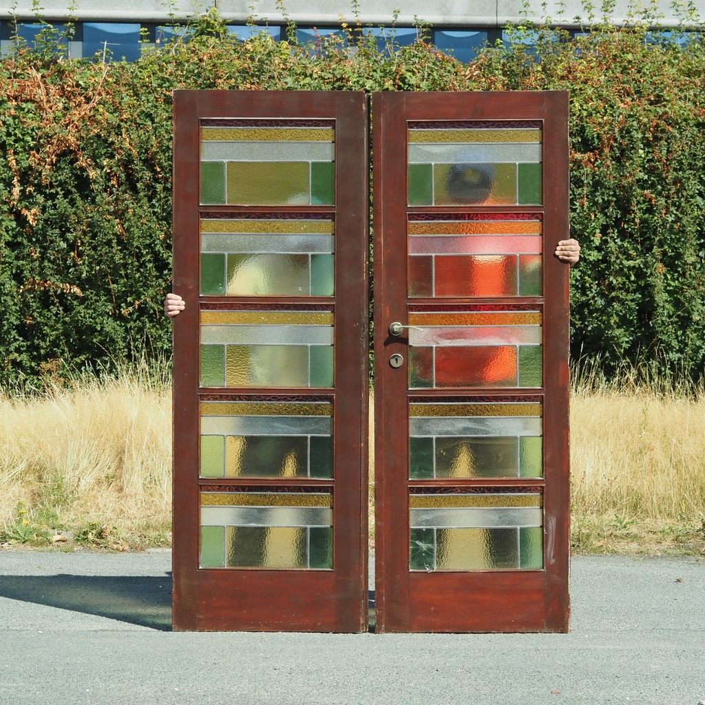 Double door in pitch pine with stained glass panels (H. 203,5 x W. 142 cm) - Left