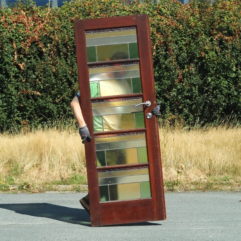 Door in pitch pine with stained glass panels (H. 202,5 x W. 71,5 cm) - Left