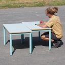 School table with wooden laminated table top and turquoise lacquered steel legs (H. 61 cm)