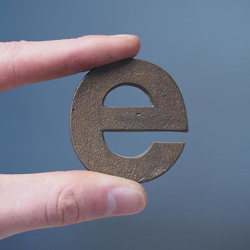 [005HAR0039] Letter 'e' in sand-cast bronze by Jules Wabbes from the Générale de Banque