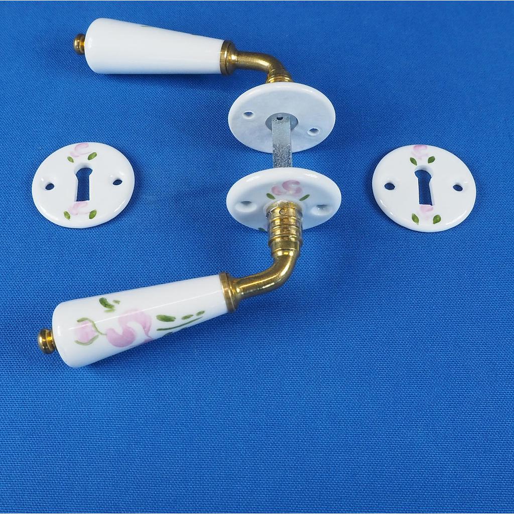 [999HAR1025] Door handle in brass and porcelain with key rosettes by Linea Bertomani - Roses