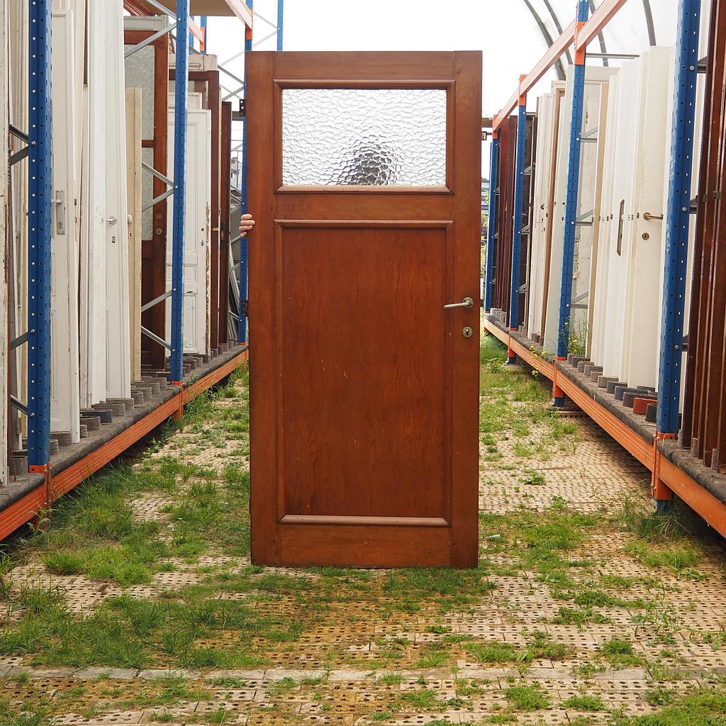 Varnished wooden door with hammered glass panel (H. 205 cm x W. 91 cm) - Right/Left