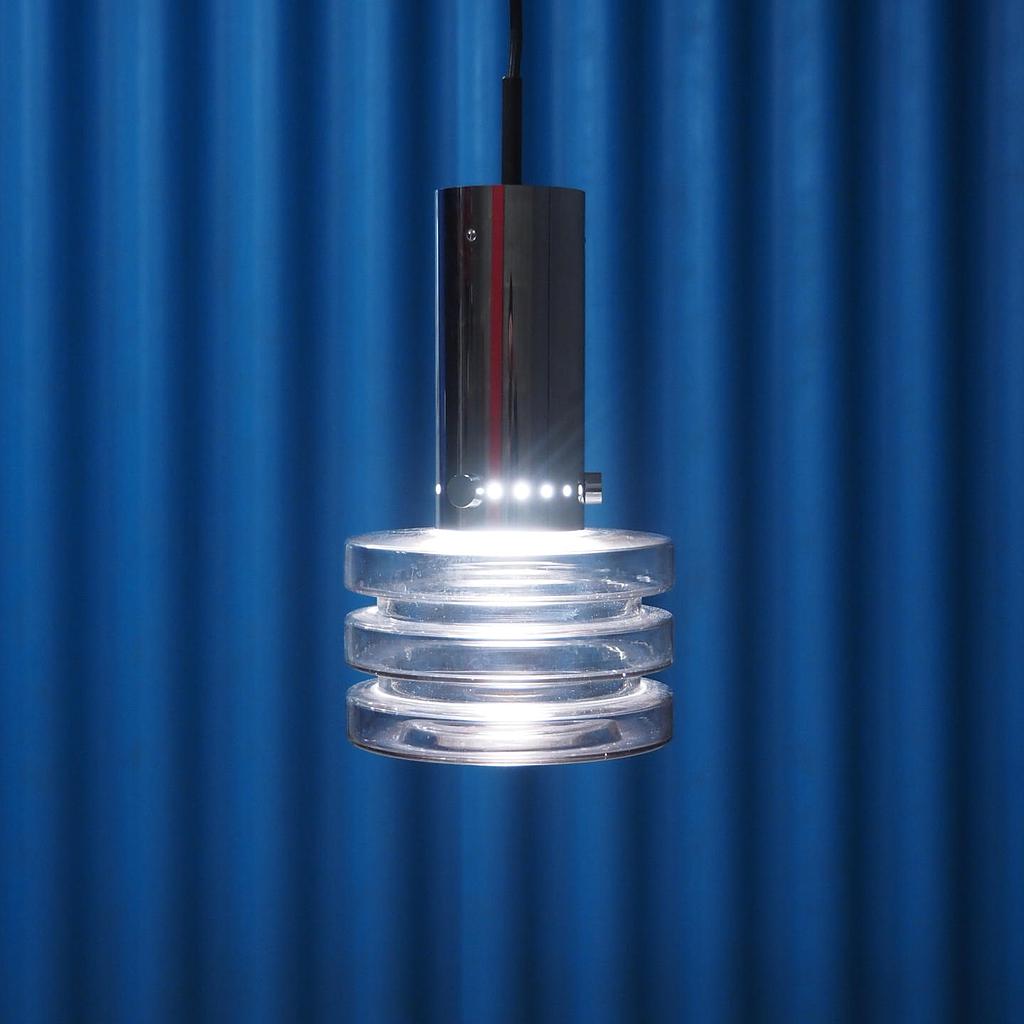 Hanging light in chromed steel and glass by Glashütte Limburg (ca. 1970)