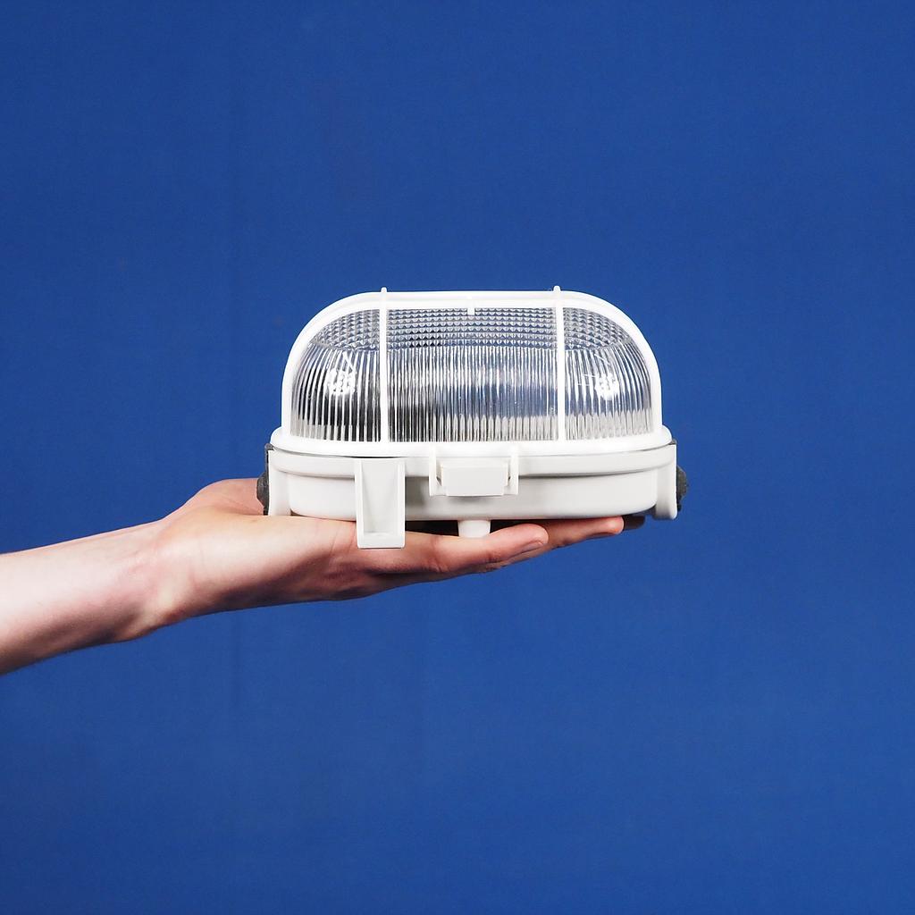 Caged wall/ceiling light with bakelite base and textured glass diffuser by L'ébènoïd