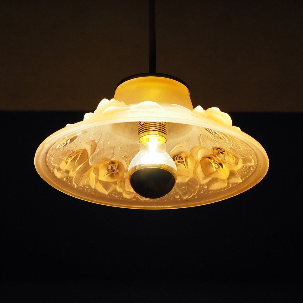 [999LIG1382] Hanging light in pink ornate glass by Muller Frères (Lunévile, France)