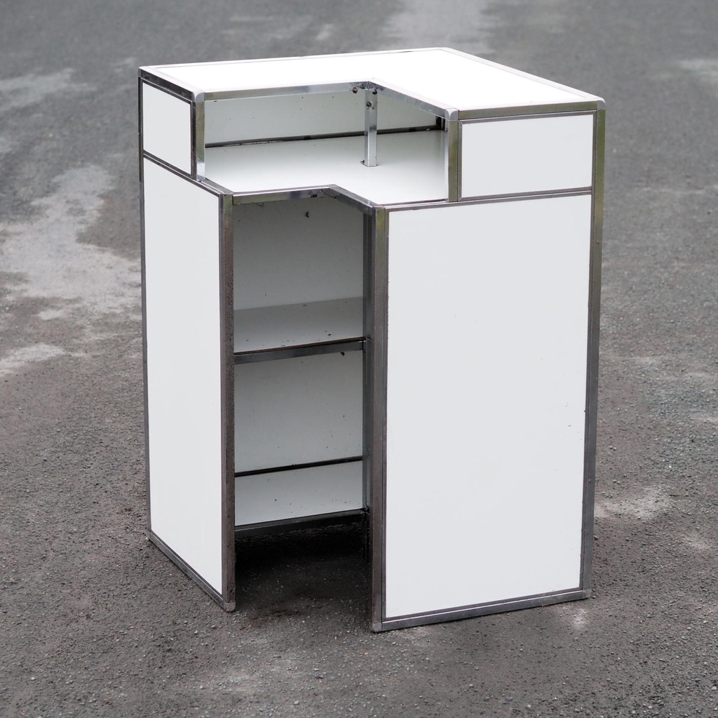 [999FUR1480] Corner reception desk with stainless steel frame and white laminate panels
