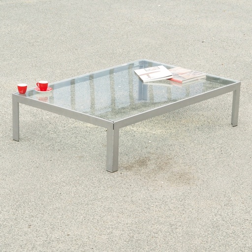 [901FUR900] Coffee table 'Progetto' in brushed steel with clear glass tabletop by Monica Armani for B&B Italia (133 x 87 cm)