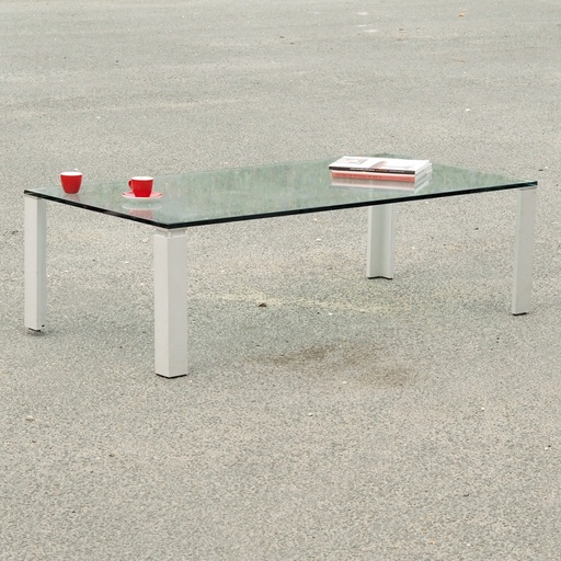 [901FUR901] Coffee table in brushed aluminium with clear glass tabletop (140 x 70 cm)