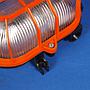 Caged wall/ceiling light with bakelite base and textured glass diffuser - Orange cage